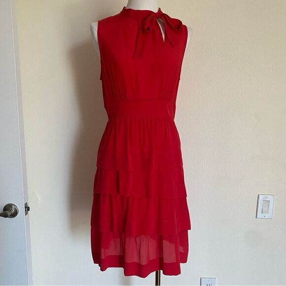 Anthropologie Girls From Savoy Ruffled Oska Red Silk Dress Size 6 - Picture 2 of 16